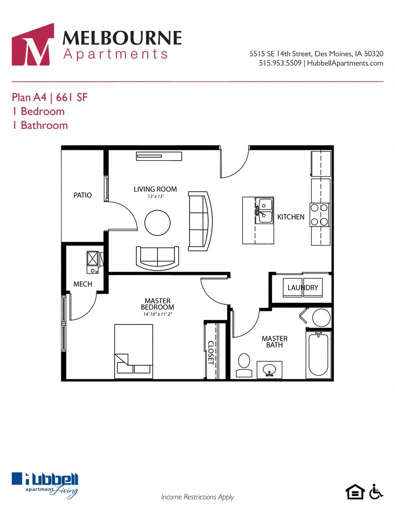 Floor plan for 1 bed, 1 bath, 661 sqft